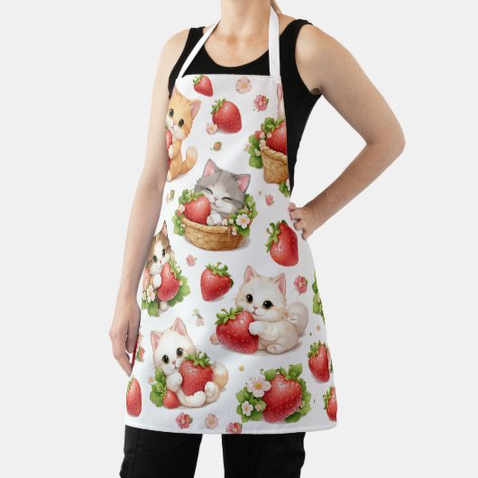 Cute Kittens and Strawberries Kitchen Apron エプロン (インサイチュ)