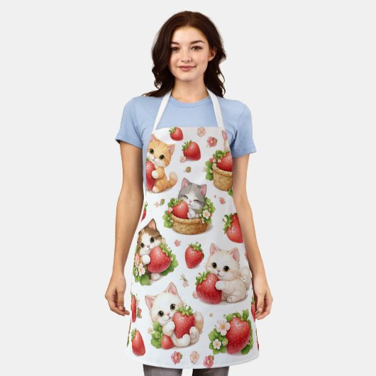 Cute Kittens and Strawberries Kitchen Apron エプロン (着用した状態)