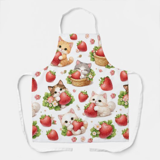 Cute Kittens and Strawberries Kitchen Apron エプロン (正面)