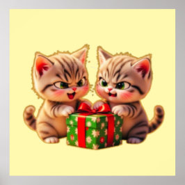 **Cute Kittens Fighting Over a Gift – Funny Christ ポスター