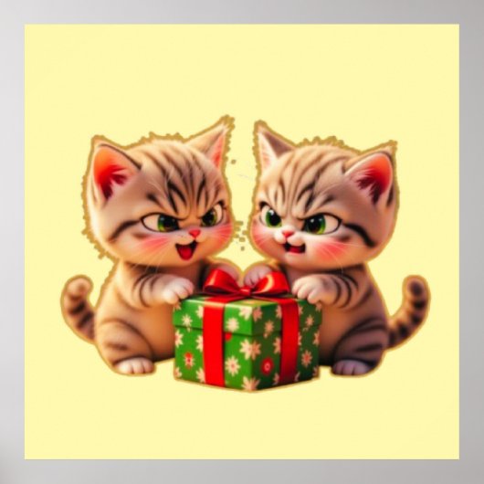 **Cute Kittens Fighting Over a Gift – Funny Christ ポスター (正面)