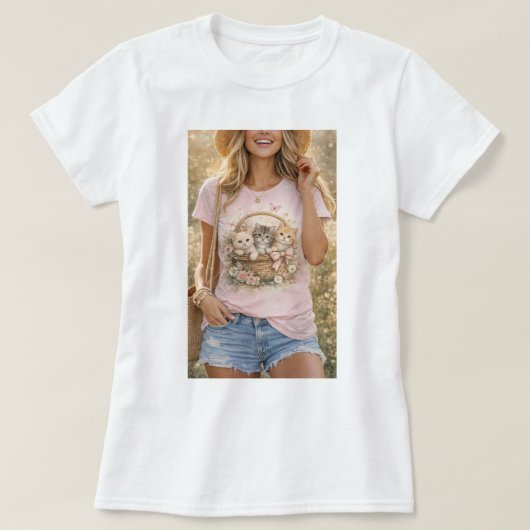 Cute Kittens Floral Graphic Girls T-Shirt Tシャツ (デザイン正面)