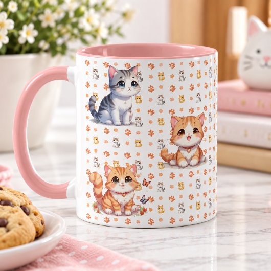 Cute Kittens & Paw Prints Pink Coffee Mug マグカップ