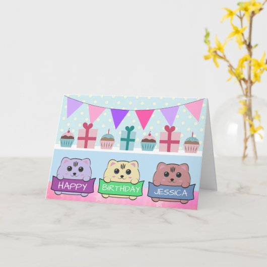 Cute Kittens Personalised Happy Birthday カード (黄色い花)