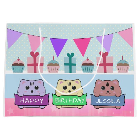 Cute Kittens Personalised Happy Birthday ラージペーパーバッグ (正面)