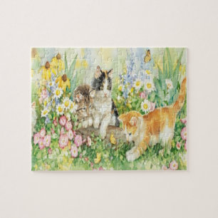 Cute Kittens Playing In A Flower Garden ジグソーパズル