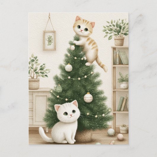 Cute Kittens Playing with Christmas Tree  シーズンポストカード (正面)