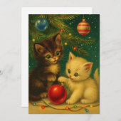 Cute Kittens Under Christmas Tree Retro シーズンカード (正面/裏面)