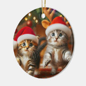 Cute kittens with Santa Claus and reindeer hats セラミックオーナメント (左)