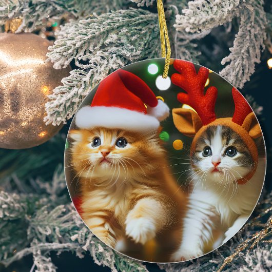 Cute kittens with Santa Claus and reindeer hats セラミックオーナメント