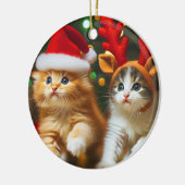 Cute kittens with Santa Claus and reindeer hats セラミックオーナメント (左)