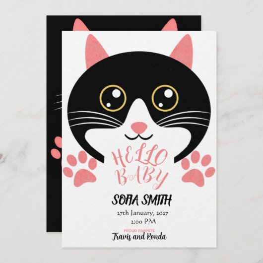 Cute Kitty Baby Arrival Announcement 招待状 (正面/裏面)