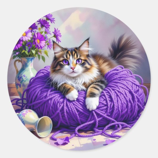Cute Kitty Cat in Ball of Purple Yarn ラウンドシール (正面)