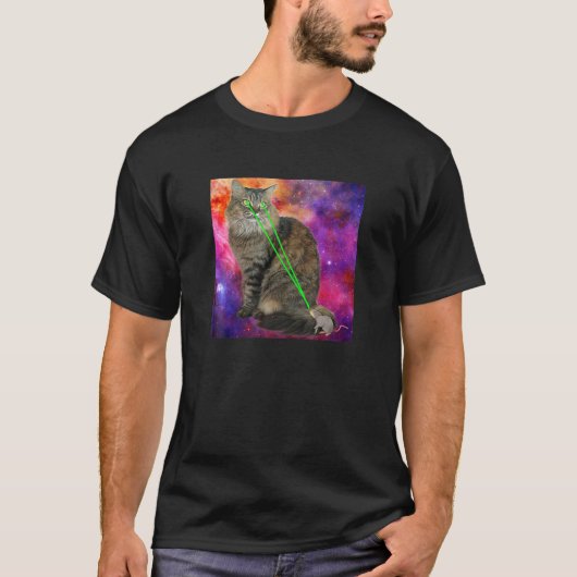 Cute Kitty Cat With Laser Beam Eyes Galaxy Backgro Tシャツ (正面)