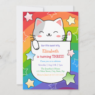Cute Kitty Stars Colorful Wavy Stripes Birthday 招待状