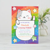 Cute Kitty Stars Colorful Wavy Stripes Birthday 招待状 (スタンド正面)