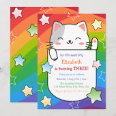 Cute Kitty Stars Colorful Wavy Stripes Birthday 招待状 (正面/裏面)