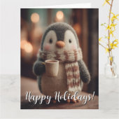 Cute Knitted Penguin Doll in Scarf Holding Mug カード (黄色い花)