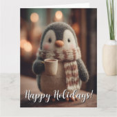 Cute Knitted Penguin Doll in Scarf Holding Mug カード (正面)