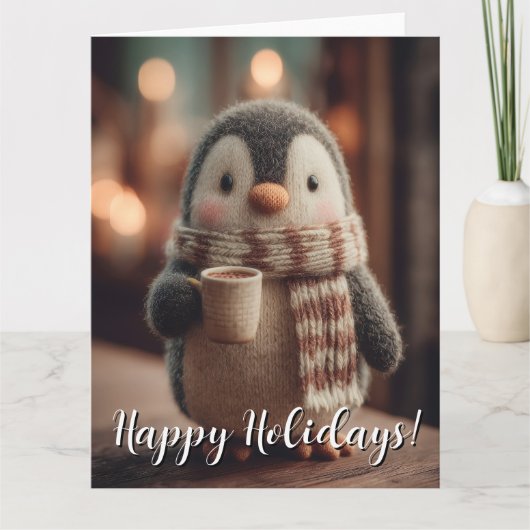 Cute Knitted Penguin Doll in Scarf Holding Mug カード (正面)