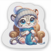 Cute Knitting Anime Kawaii Snow Leopard Stickers シール (正面)