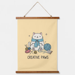 Cute Knitting Cat Blue Scarf Pastel Yellow Decor 吊り下げ型タペストリー