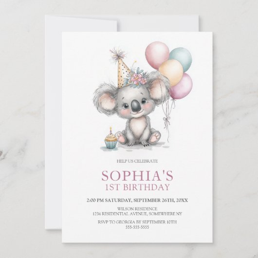 Cute Koala 1st Birthday Party 招待状 (正面)