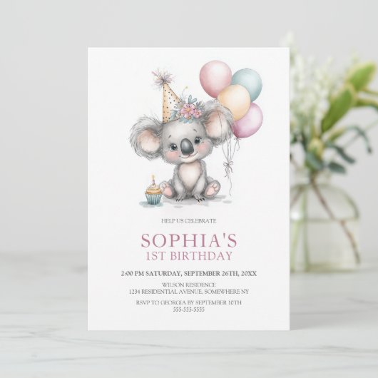 Cute Koala 1st Birthday Party 招待状 (スタンド正面)