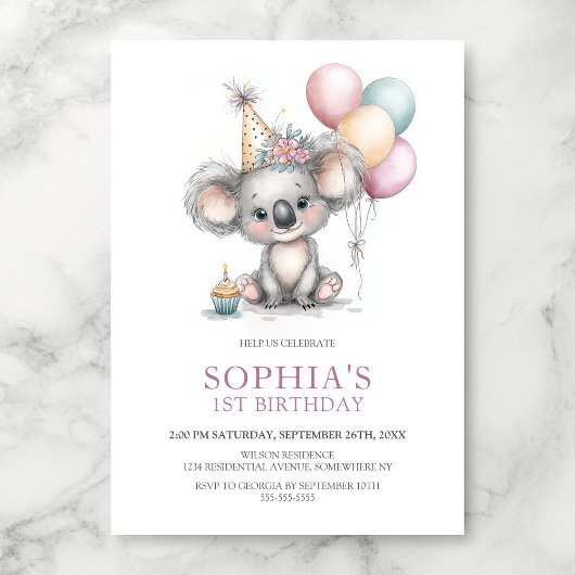 Cute Koala 1st Birthday Party 招待状