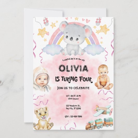  Cute koala  Birthday pink 招待状 (正面)