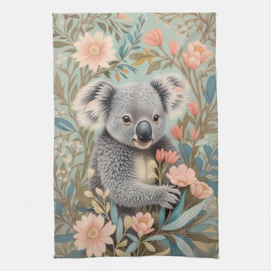 Cute Koala Elegant Pastel Floral キッチンタオル (縦)