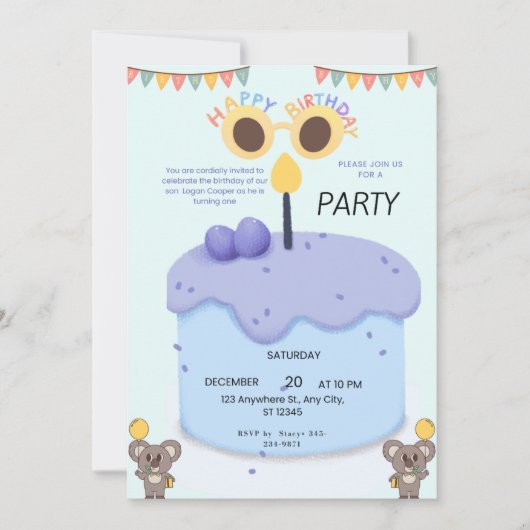 Cute Koala First Birthday Invitation - Customizabl 招待状 (正面)