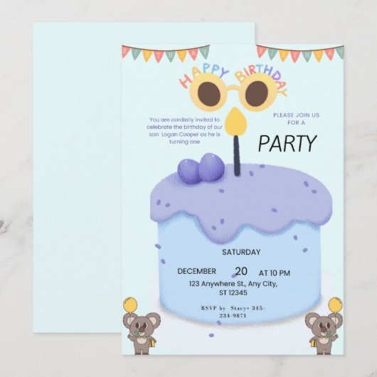 Cute Koala First Birthday Invitation - Customizabl 招待状 (正面/裏面)