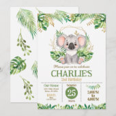 Cute Koala Floral Sage Greenery 2nd Birthday 招待状 (正面/裏面)