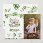 Cute Koala Floral Sage Greenery 2nd Birthday Photo 招待状 (正面/裏面)