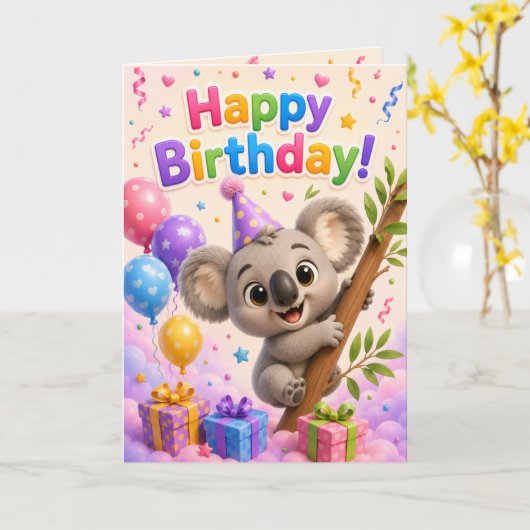 Cute Koala Happy Birthday Card for Kids | Adorable カード (黄色い花)