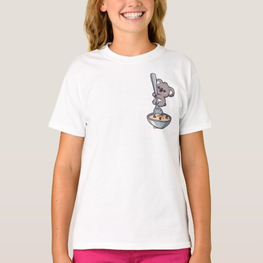 Cute Koala Hugging Giant Spoon in Oatmeal Bowl Tシャツ (正面)
