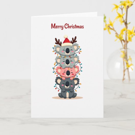 Cute Koala Stack Christmas Lights and Santa Card カード (黄色い花)
