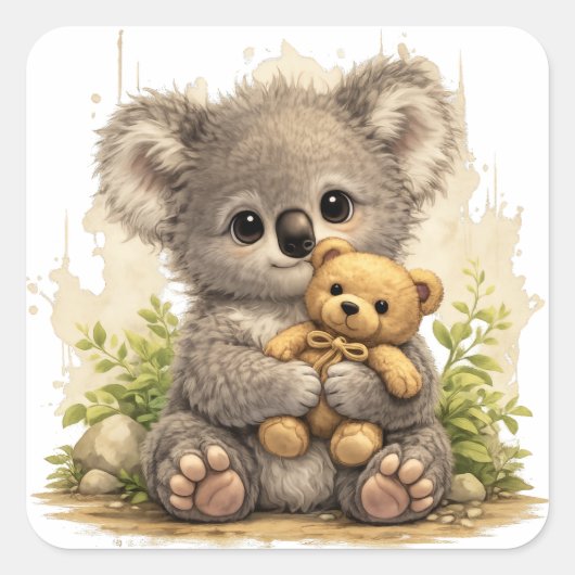 Cute Koala Teddy Sticker – Kawaii Animal Art スクエアシール (正面)