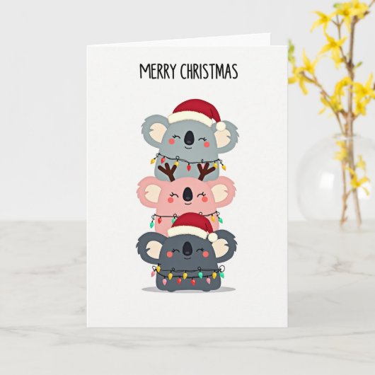 Cute Koala Tower Christmas Card with Santa Hats カード (黄色い花)