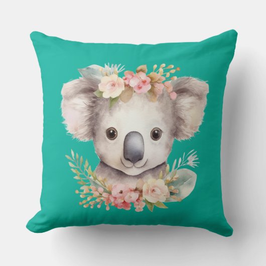 Cute Koala Turquoise Throw Pillow クッション (正面)