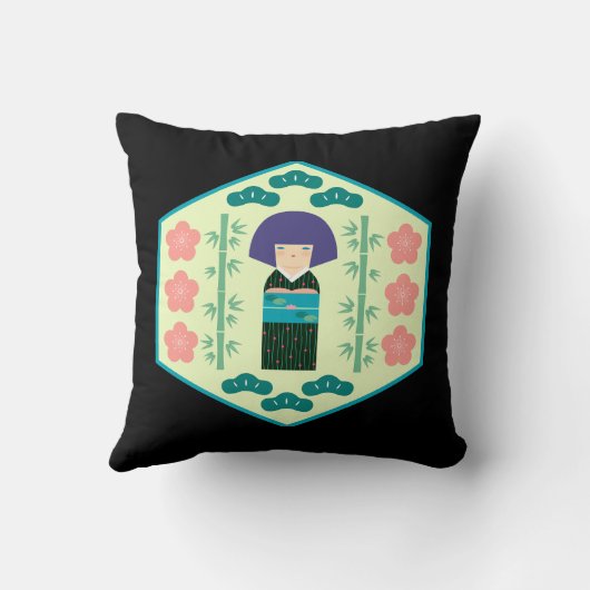 Cute Kokeshi Doll Hexagon Pattern クッション (裏面)