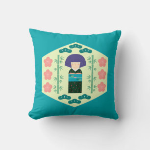 Cute Kokeshi Doll Hexagon Pattern クッション