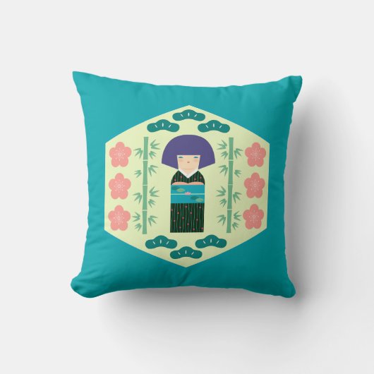 Cute Kokeshi Doll Hexagon Pattern クッション (正面)