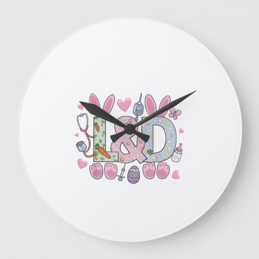 Cute L&D Labor and Delivery Nurse Easter Bunny Egg ラージ壁時計 (正面)