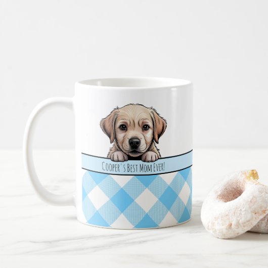 Cute Labrador Puppy Best Dog Mom Blue Gingham コーヒーマグカップ (ドーナツ)