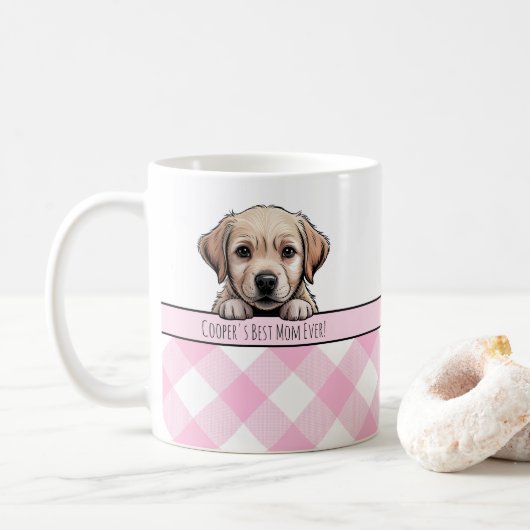 Cute Labrador Puppy Best Dog Mom Pink Gingham コーヒーマグカップ (ドーナツ)
