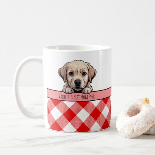 Cute Labrador Puppy Best Dog Mom Red Gingham コーヒーマグカップ (ドーナツ)