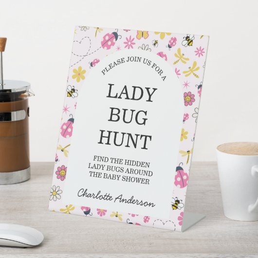 Cute Lady Bug Pink Girl Baby Shower 台座サイン (インサイチュ)