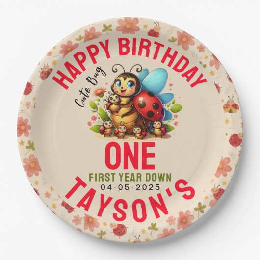 Cute Ladybug 1st Birthday | Bug Theme Party ペーパープレート (正面)
